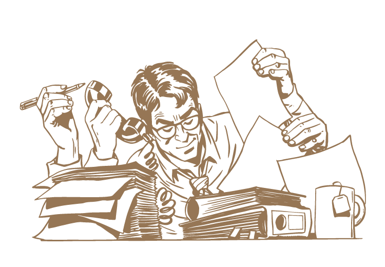 Brown outline image of a man with 2 sets of arms, writing, talking on the phone, and holding papers all at the same time
